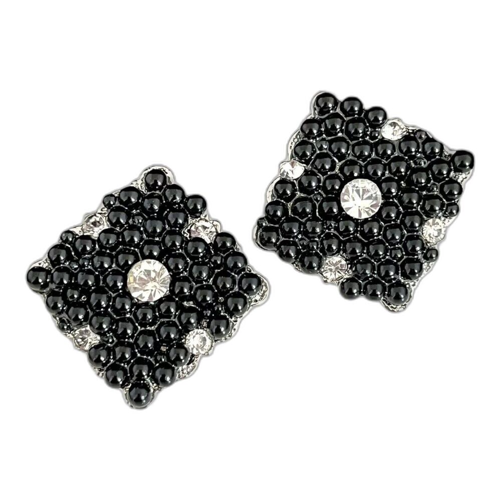 Vintage 1980s Earrings Crystal Silver Toned Black Beads Clear Clip On - 4R